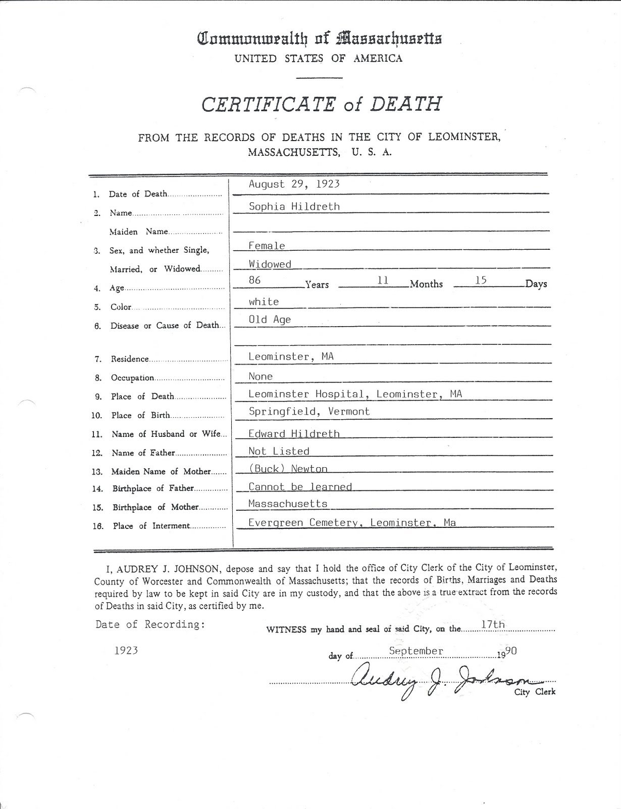 California Death Certificate Worksheet - Sample Certificate
