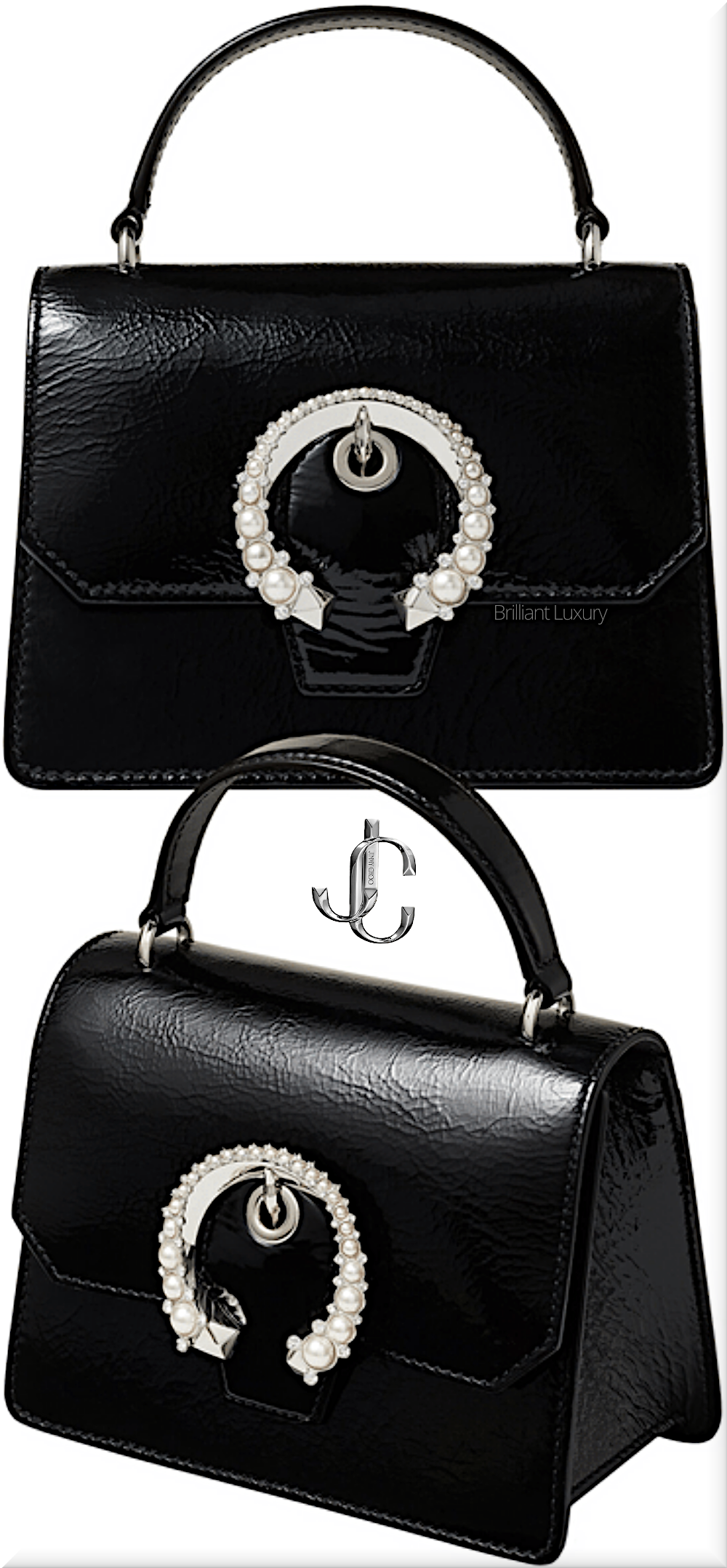 ♦Jimmy Choo Madeline satchel in black patent textured leather with pearl buckle #jimmychoo #bags #brilliantluxury ♦Jimmy Choo Madeline satchel in black patent textured leather with pearl buckle #jimmychoo #bags #brilliantluxury