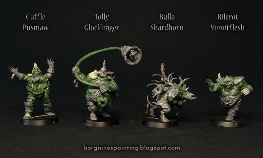 The whole set of Nurgle Star player tabletop miniatures, their converted, kitbashed, greenstuffed versions. From right to left: Guffle Pusmaw, Tolly Glocklinger, Bulla Shardhorn and Bilerot Vomitflesh, with text over them to mark them.