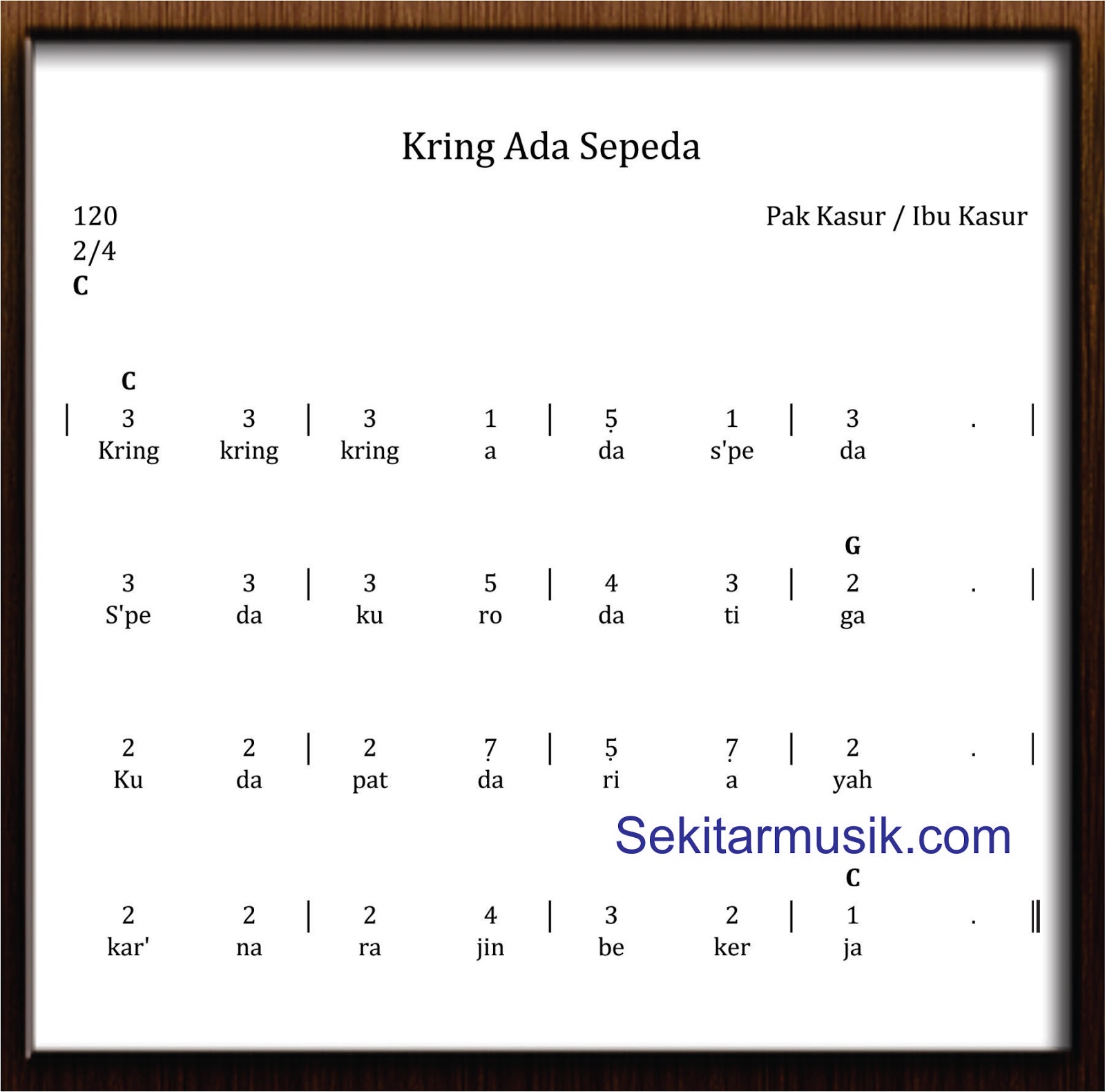 Not Angka Lagu Kring Kring Ada Sepeda