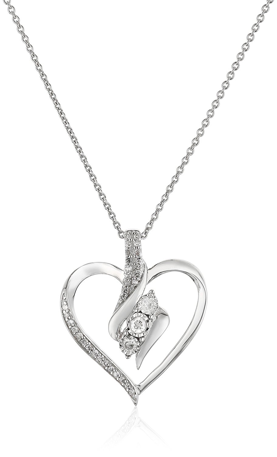 Sterling Silver Diamond 3 Stone Heart Pendant Necklace (1/4 cttw), 18