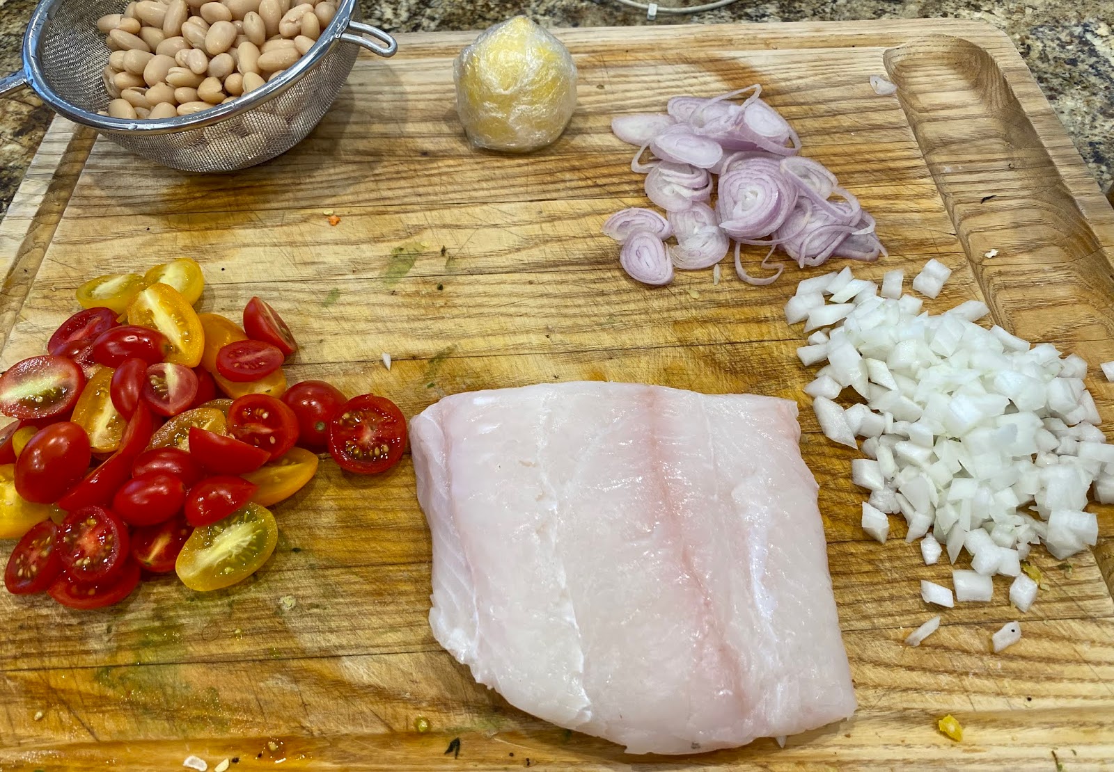 GREAT EATS HAWAII PAN SEARED HALIBUT WITH CANNELLINI BEANS AND VEGETABLES