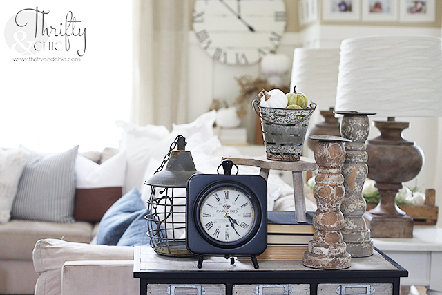 Fall living room decor and decorating ideas. Farmhouse fall decor. How to decorate for fall. Neutral fall decor. Easy fall decorating tips and tricks. Fall mantel decorating ideas. Living room board and batten. Moroccan leather pouf and decorating.