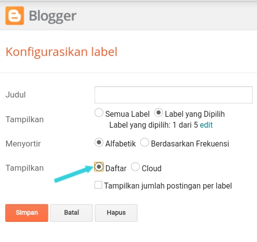 cara membuat widget label seperti arlina design di blog konfigurasi label