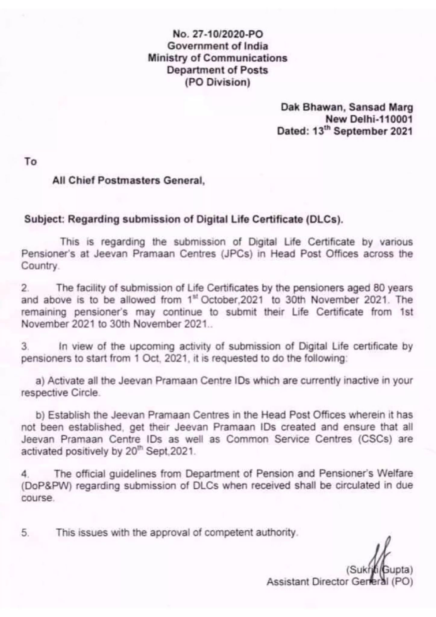 Submission of Digital life certificates ( DLC) at Post offices from 01.