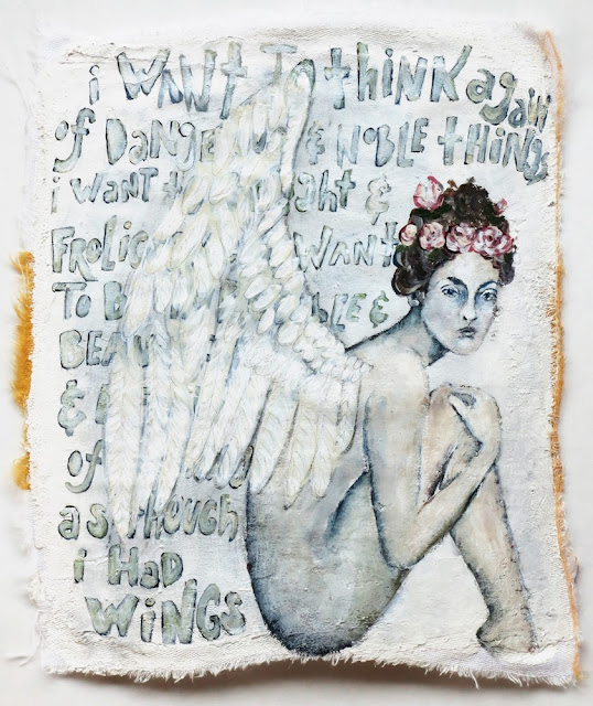 Galia Alena mixed media painting of an angel and a mary oliver quote