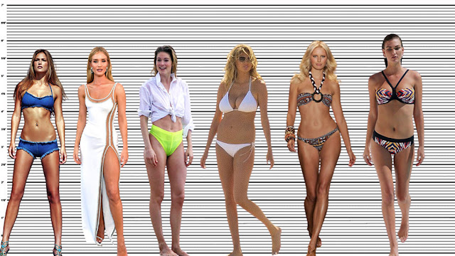 Rosie Huntington-Whiteley with Bar Refaeli (5'8.5"), Doutzen Kroes (5'9"), Kate Upton (5'10), Karolina Kurkova (5'11"), and Karlie Kloss (6'1.5")
