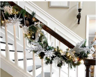 decorar las escaleras con copos de nieve, decorar las escaleras con guirnaldas, decorar las escaleras con bolas, decoración de escaleras de madera, ideas para la decoración de escaleras