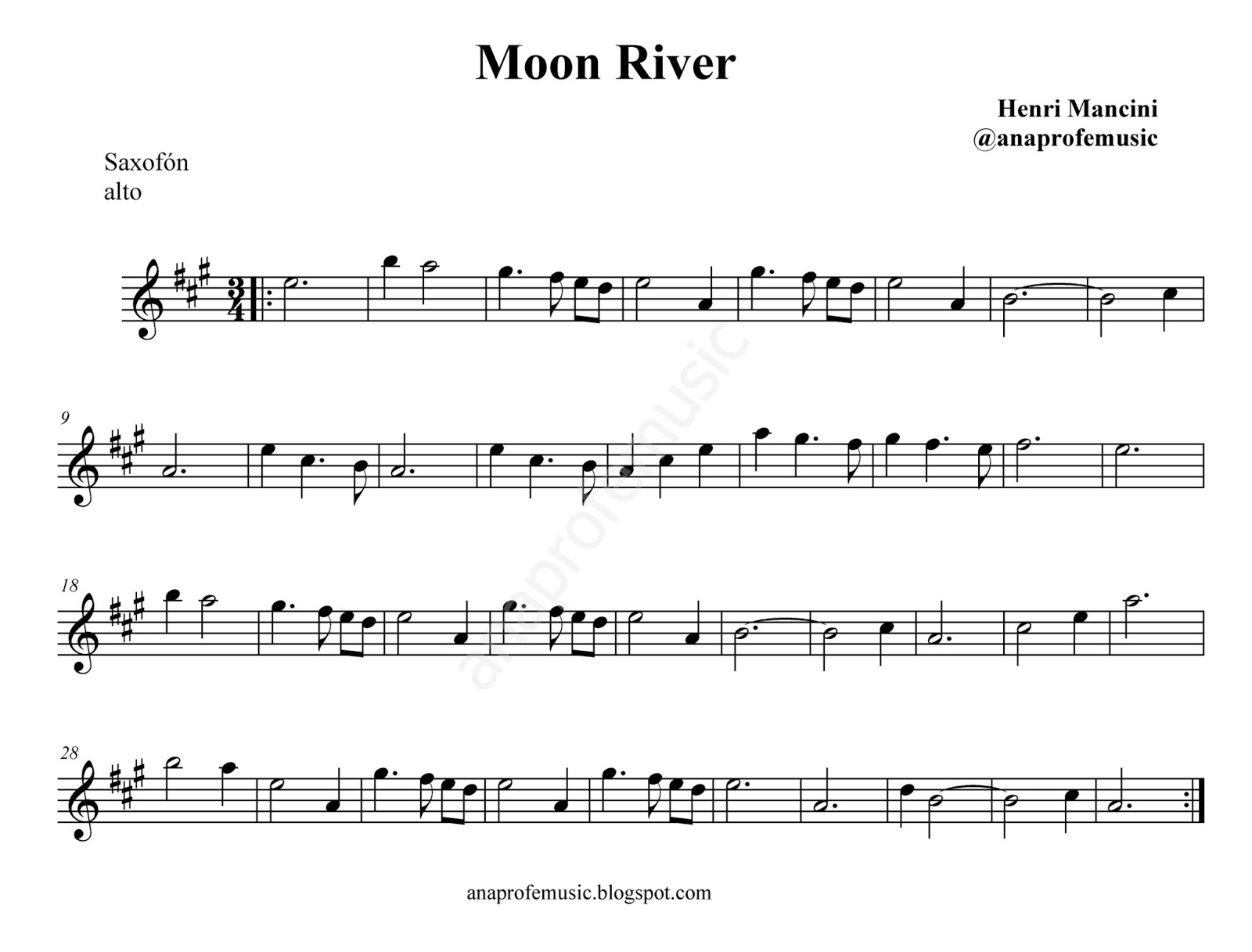 AnaProfeMusic Partitura Moon River, de Henri Mancini