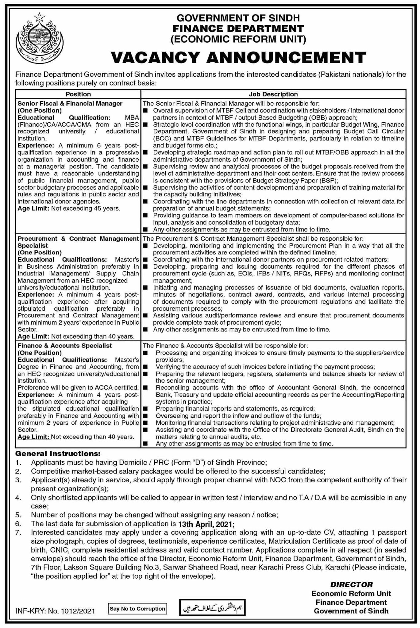 Sindh Finance Department (Economic Reform Unit) Jobs 2021 in Pakistan Sindh Finance Department (Economic Reform Unit) Jobs 2021 in Pakistan