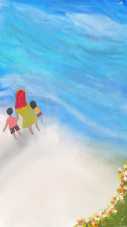 Two kids and their mother, all alone in a lonely sea beach.