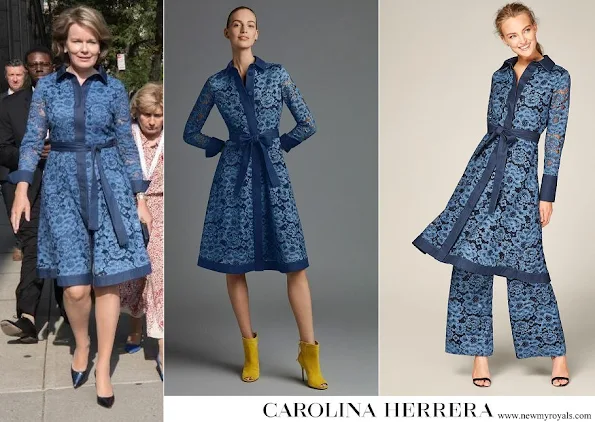 Queen Mathilde wore Carolina Herrera Blue Lace and denim shirt dress