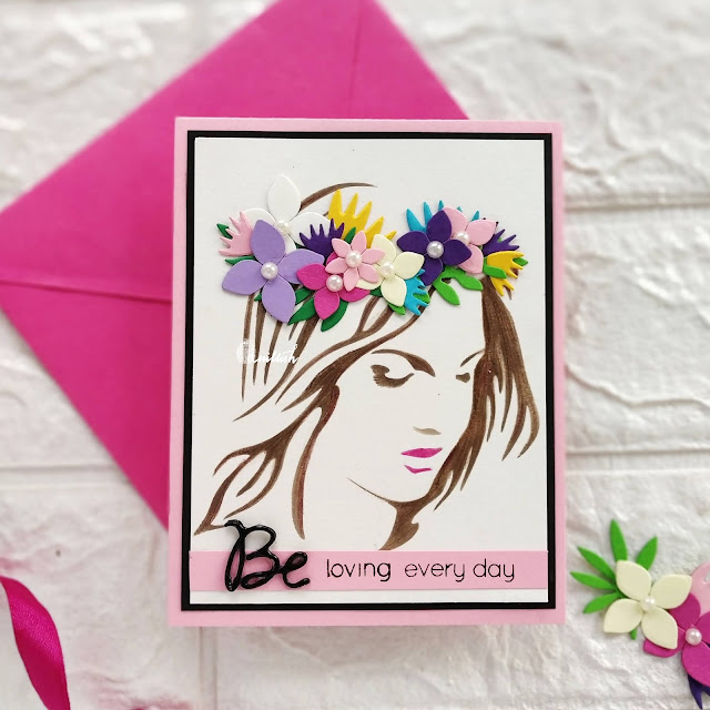 Beautiful encouragement card, Mental health awareness, STAMPlorations stencil, Stencil face and diecut flowers, Use your scraps, Diecut floral wreath card, Quillish, Simon says stamp sentiments