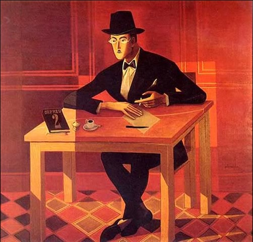 Fernando Pessoa, su estilográfica, un cigarrillo, una taza de café