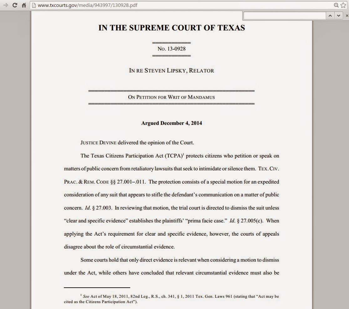 Texas Supreme Court Opinion In re Lipsky, No. 13-0928, ___ S.W.3d ___ (Tex. 2015) 