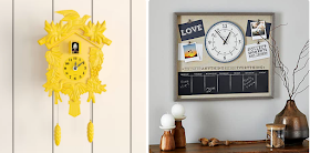 A yellow cuckoo clock and a clock on a notice board