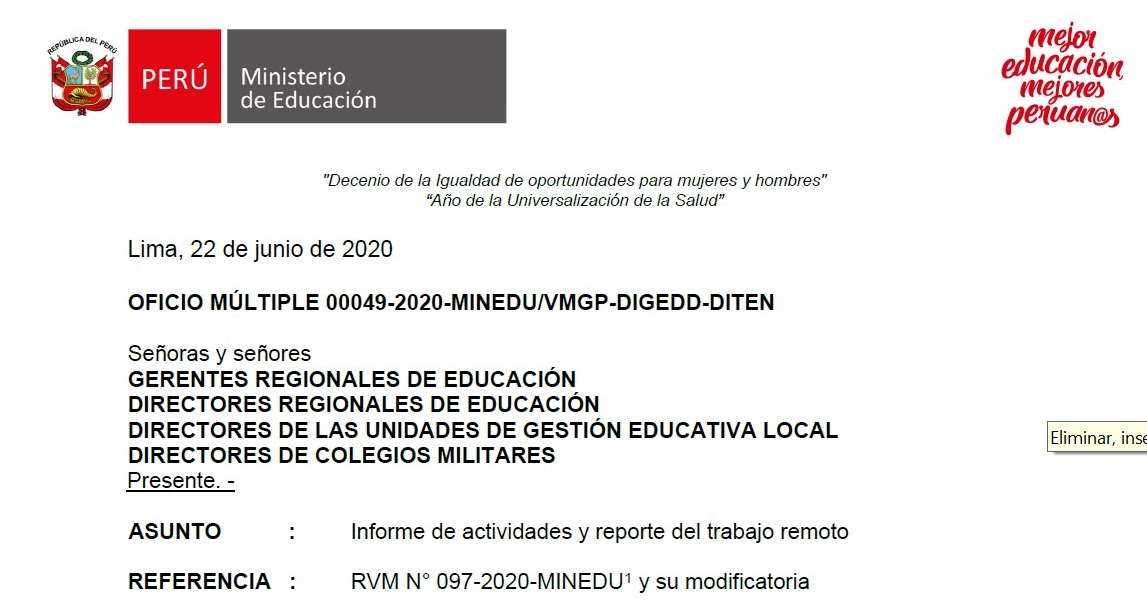 Educar Perú: Nuevo formato de informe mensual - Oficio múltiple  0049-2020-MINEDU