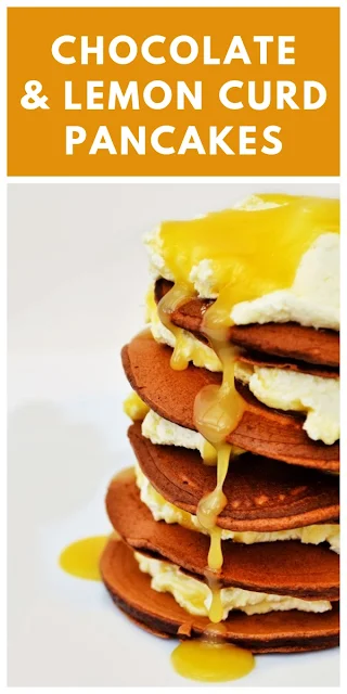 Easy chocolate pancakes stacked with lemon curd and whipped cream, perfect for breakfast, brunch, dessert or just to celebrate pancake day. #chocolatepancakes #pancakes #pancakestack #scotchpancakes #scottishpancakes #americanpancakes #shrovetuesday #pancakeday
