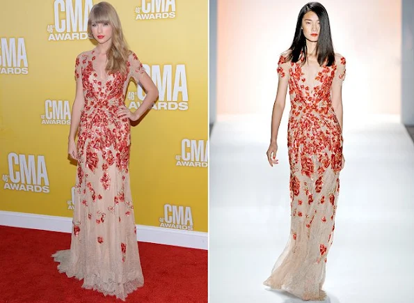 Taylor Swift wore Jenny Packham Spring 2012 nude lace gown at the 46th Annual CMA Awards held at the Bridgestone Arena in Nashville