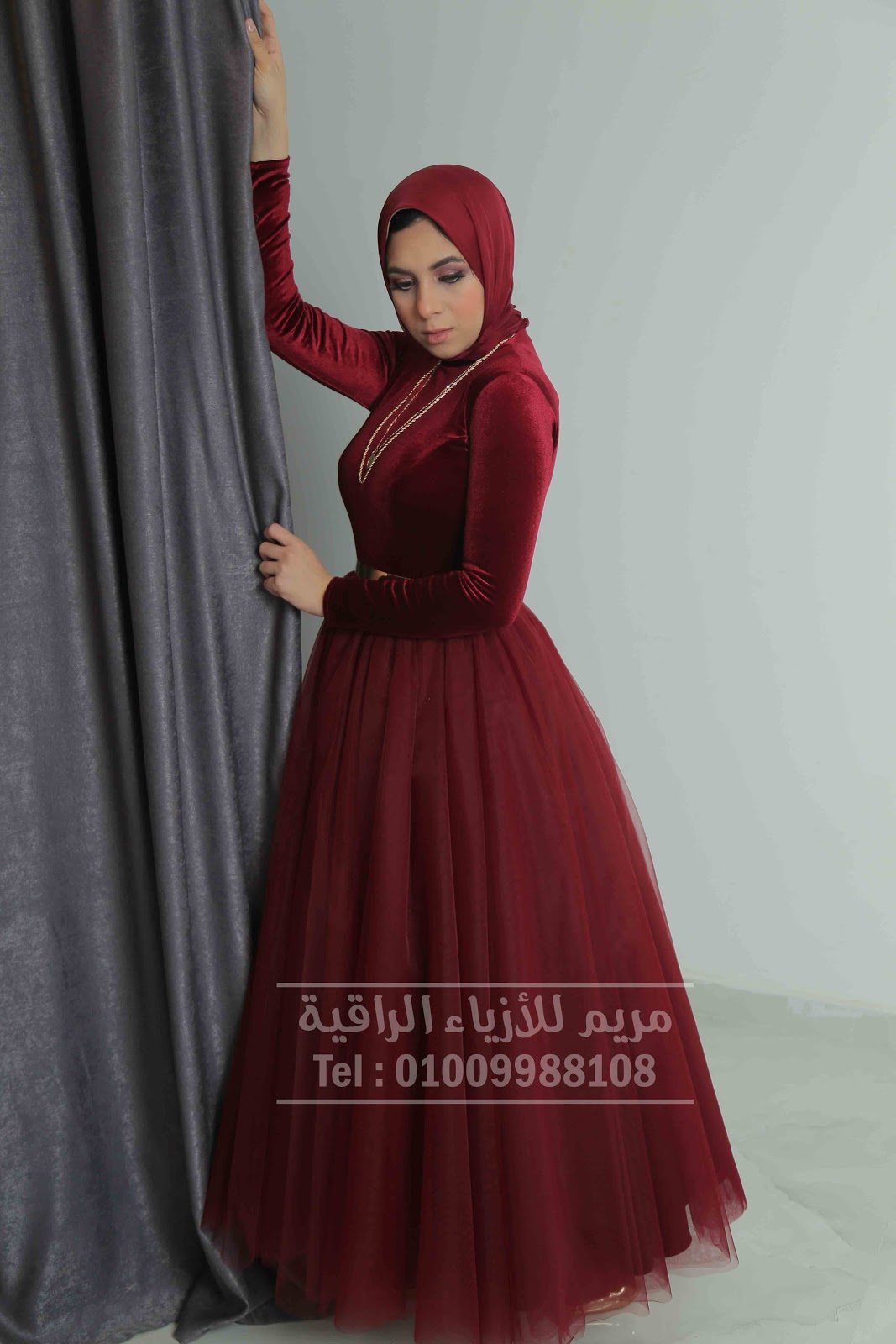 فستان سواريه وسهره للمحجبات باللون النبيتى من اتيليه مريم للأزياء الراقية Hijab Soiree Dresses - muslim Dresses
