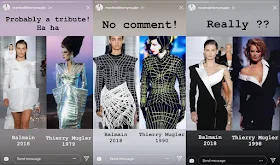 Screenshots of Thierry Mugler instagram. Thierry Mugler himself well noted and commented on the copies made by Olivier Rousteing of his designs