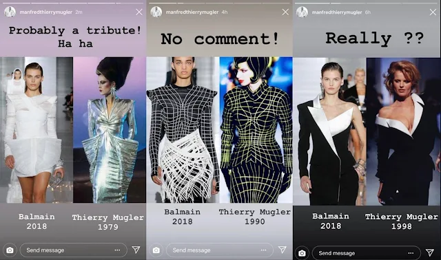 Screenshots of Thierry Mugler instagram. Thierry Mugler himself well noted and commented on the copies made by Olivier Rousteing of his designs