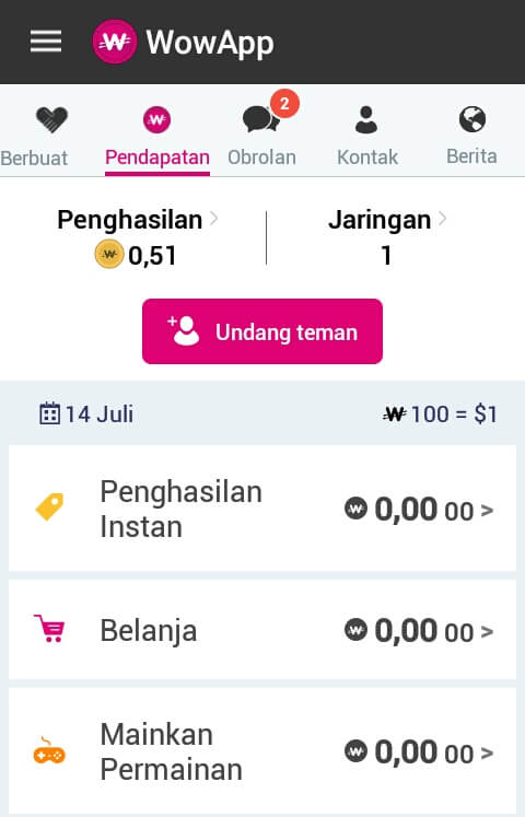 Untuk memperoleh Coin Wow adalah dengan cara menuju pada menu "Pendapatan" dan selesaikan misi seperti berikut ini: