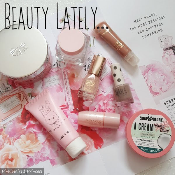 flatlay of beauty products with Beauty Lately title on top