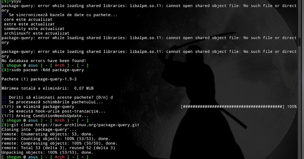 Eroare update Arch Linux packagequery ”error while loading shared