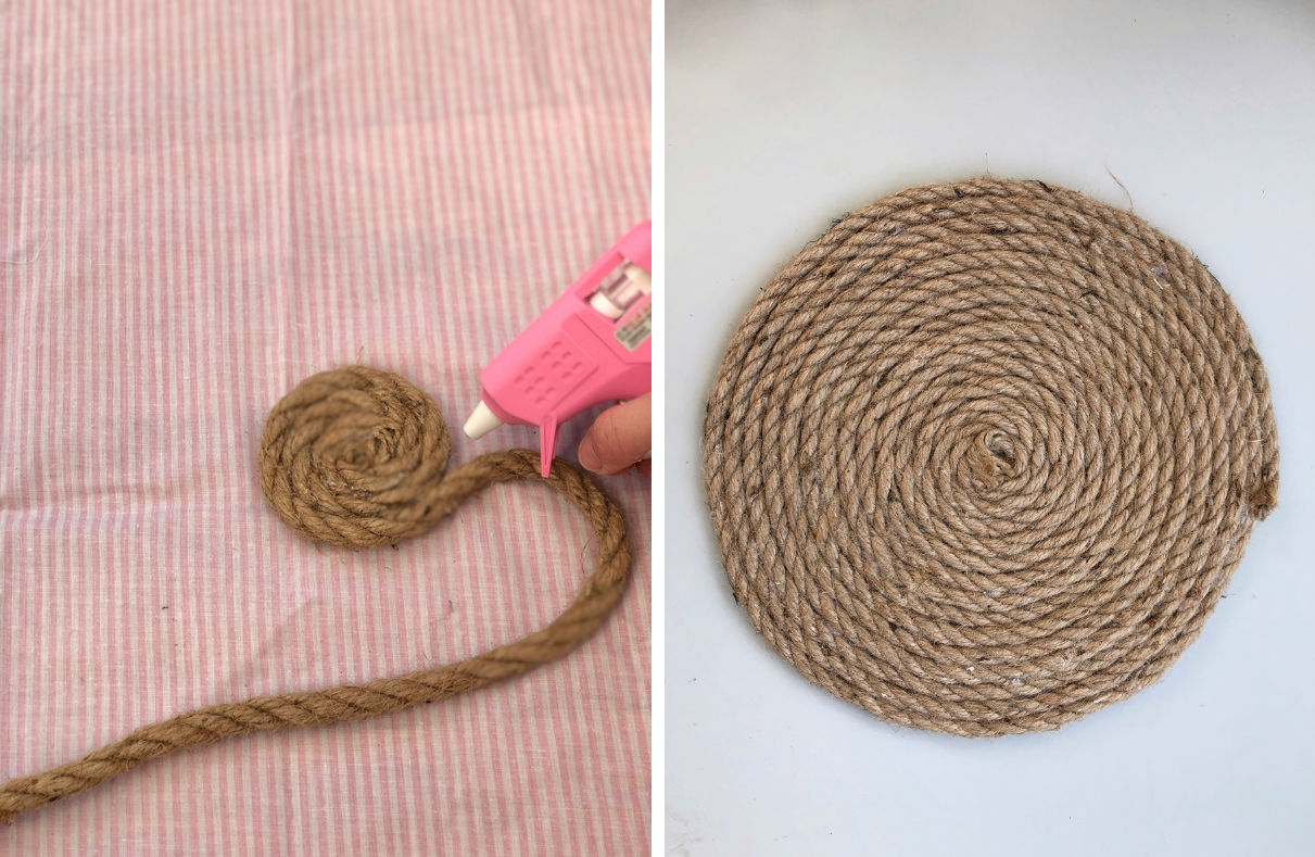 DIY rope placemat made from a ball of rope and painted with a boho-style pattern. Make your own Pier One, Pottery Barn and Macys style placemat on a tight budget for just a few pounds or dollars. Crafting ideas for DIY home decor. 