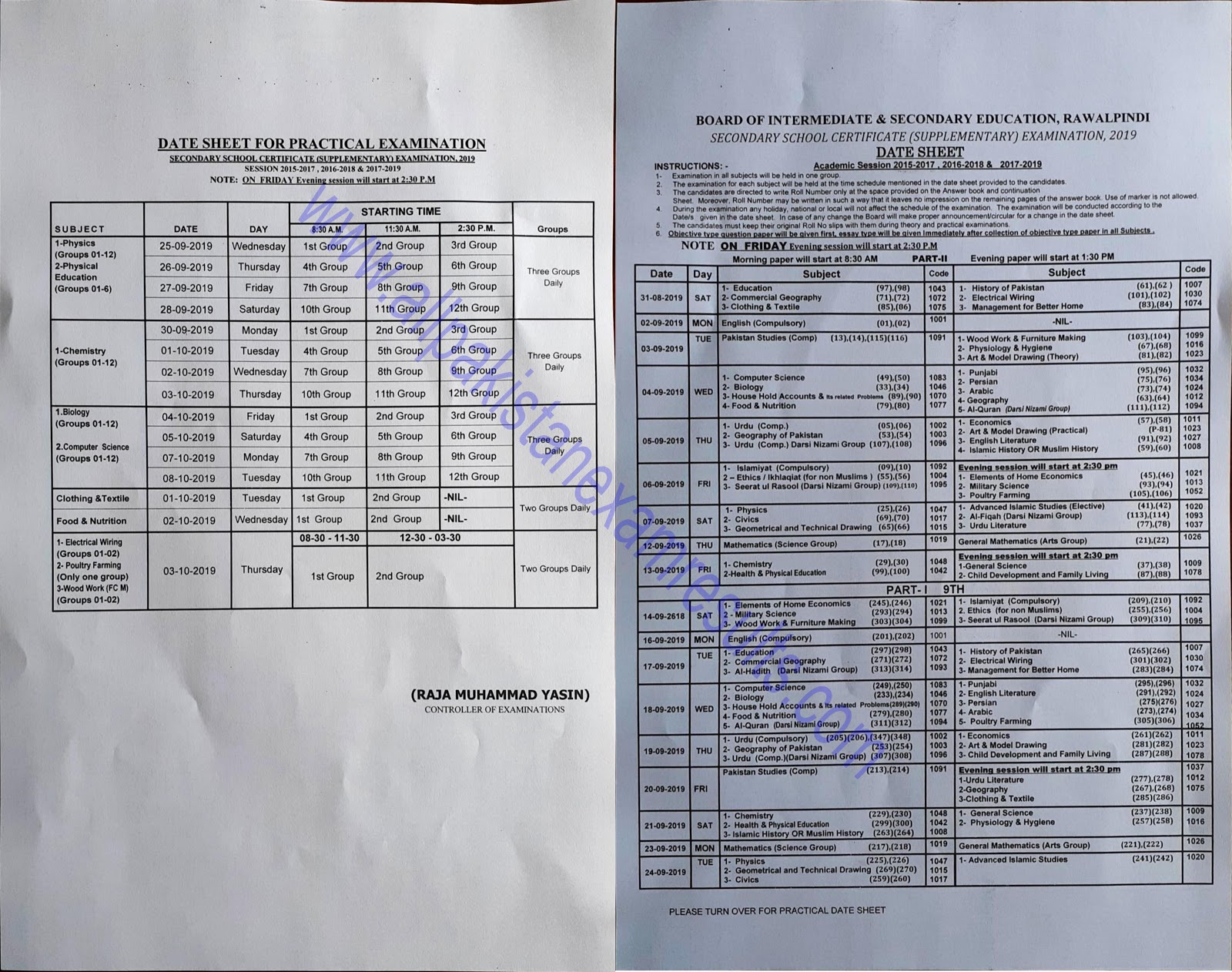 Date Sheet For SSC Supplementary Rawalpindi Board 2019