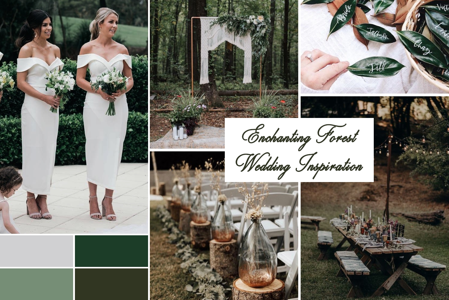 collage with a forest wedding ideas, decorations and color palettes for forest ceremony
