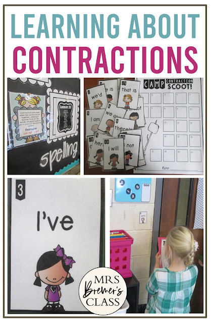 Learning about contractions in spelling and word work activities and literacy centers for First Grade and Second Grade