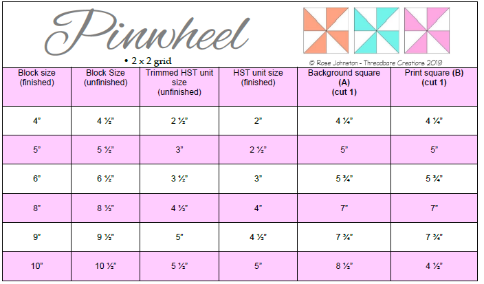 Pinwheel Block Size Chart