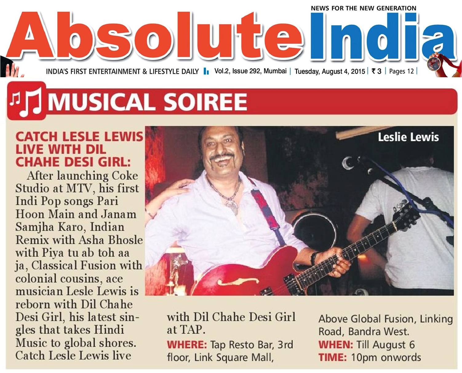 Bollywood News Adda Catch Lesle Lewis Live With Dil Chahe Desi His Latest Singles That Takes Hindi Music To Global Ss Catch Lesle Lewis Live With Dil Chahe Desi At Tap Resto Bar Bandra West