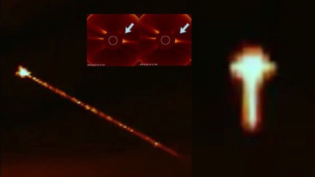 Triangle space object fires beam, then a cross like anomaly appears  Nasa-sun-ufo-space