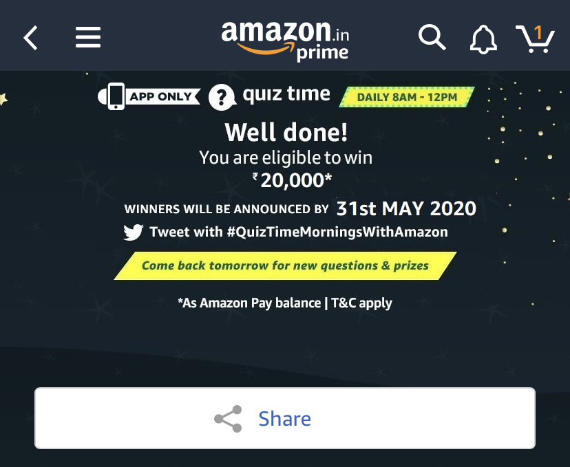 Amazon Quiz 16 April 2020 Answers Win Rs.20000 Pay Balance