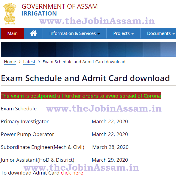 Irrigation Department, Assam Examination Postponed