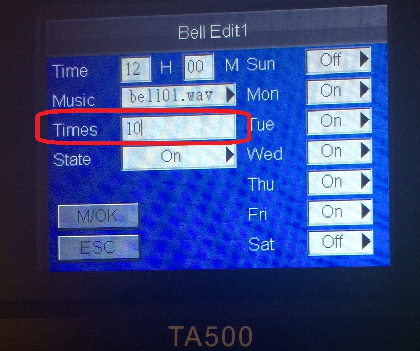 Configuring Internal and External Bell Duration in TA500. | FingerTec