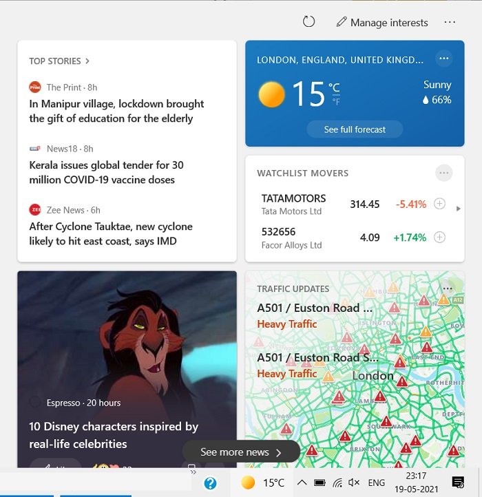 personalizar el widget de la barra de tareas de noticias e intereses