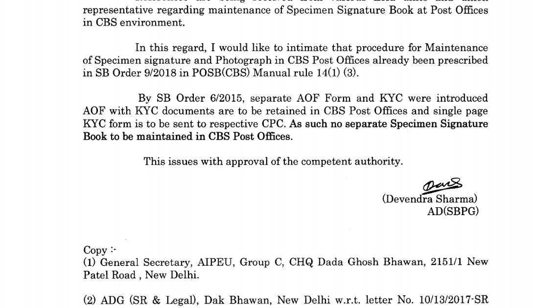 Maintenance of Specimen signature book at Post Offices in CBS environment