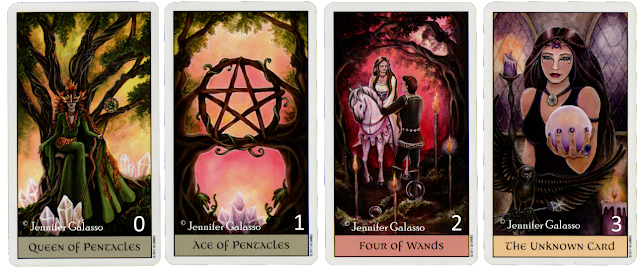 Full moon reading, Crystal Visions Tarot, Queen of Pentacles, Ace of Pentacles, Four of wands, The unknown Card
