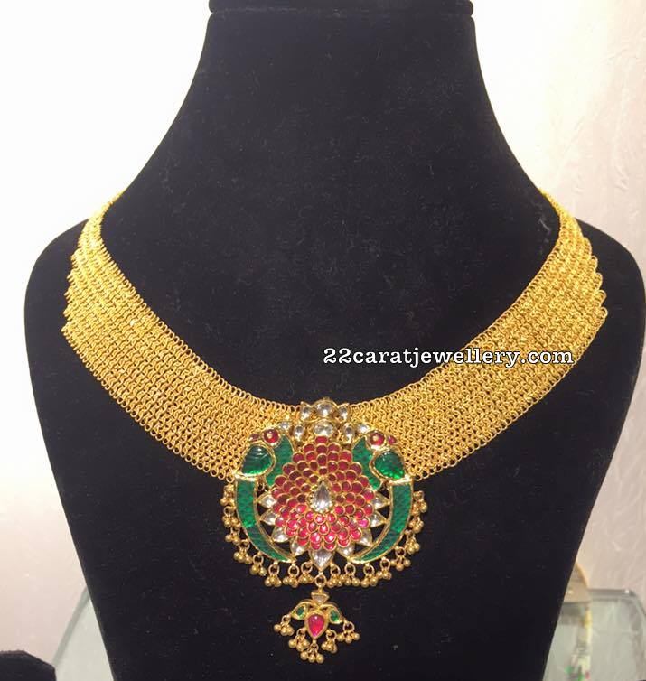 Mesh Necklace with Green Jade Locket Jewellery Designs