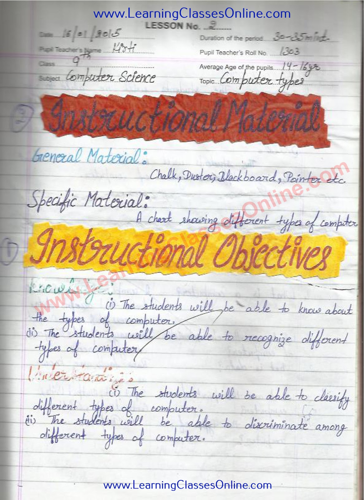 Lesson Plan on Types of Computer Lesson Plan on Types of Computer