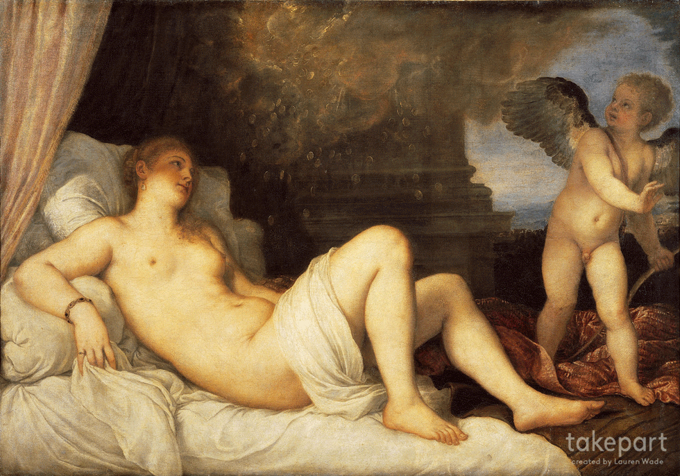 How Women in Iconic Paintings Would Look if They Got Photoshopped to Fit Today's Ideals - Titian, Danae With Eros (1544)