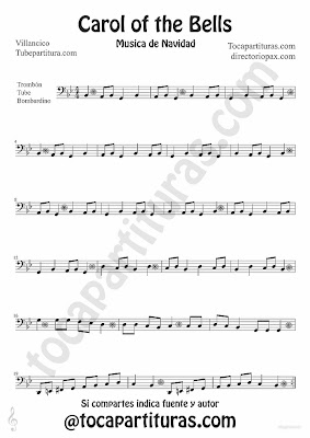 Partitura de Trombón, Tuba y Bombardino del tema tradicional Carol of the Bells en Clave de FA villancico de Navidad