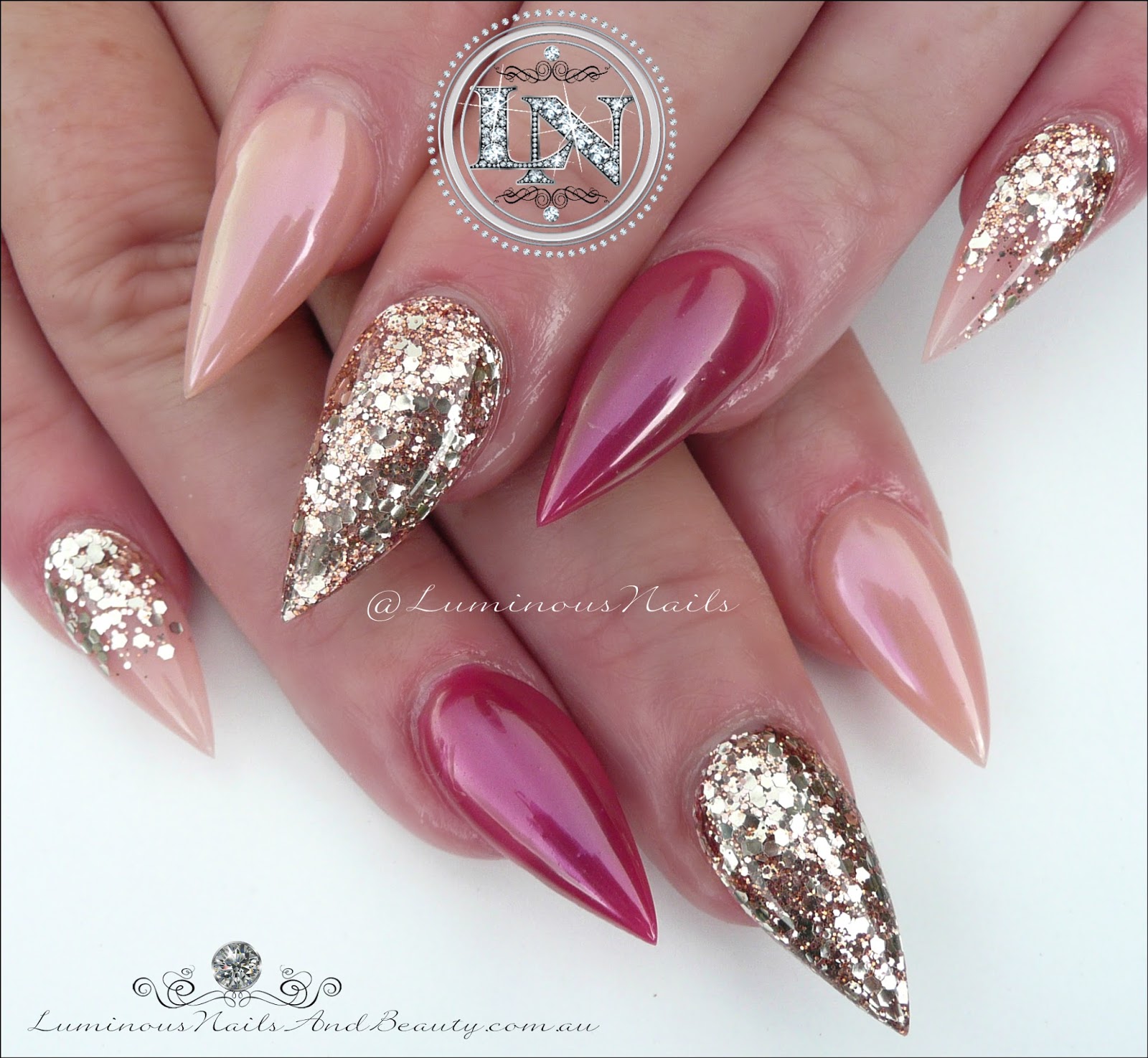 Luminous Nails Stunning Pink Glittery Gold Chrome Acrylic Nails
