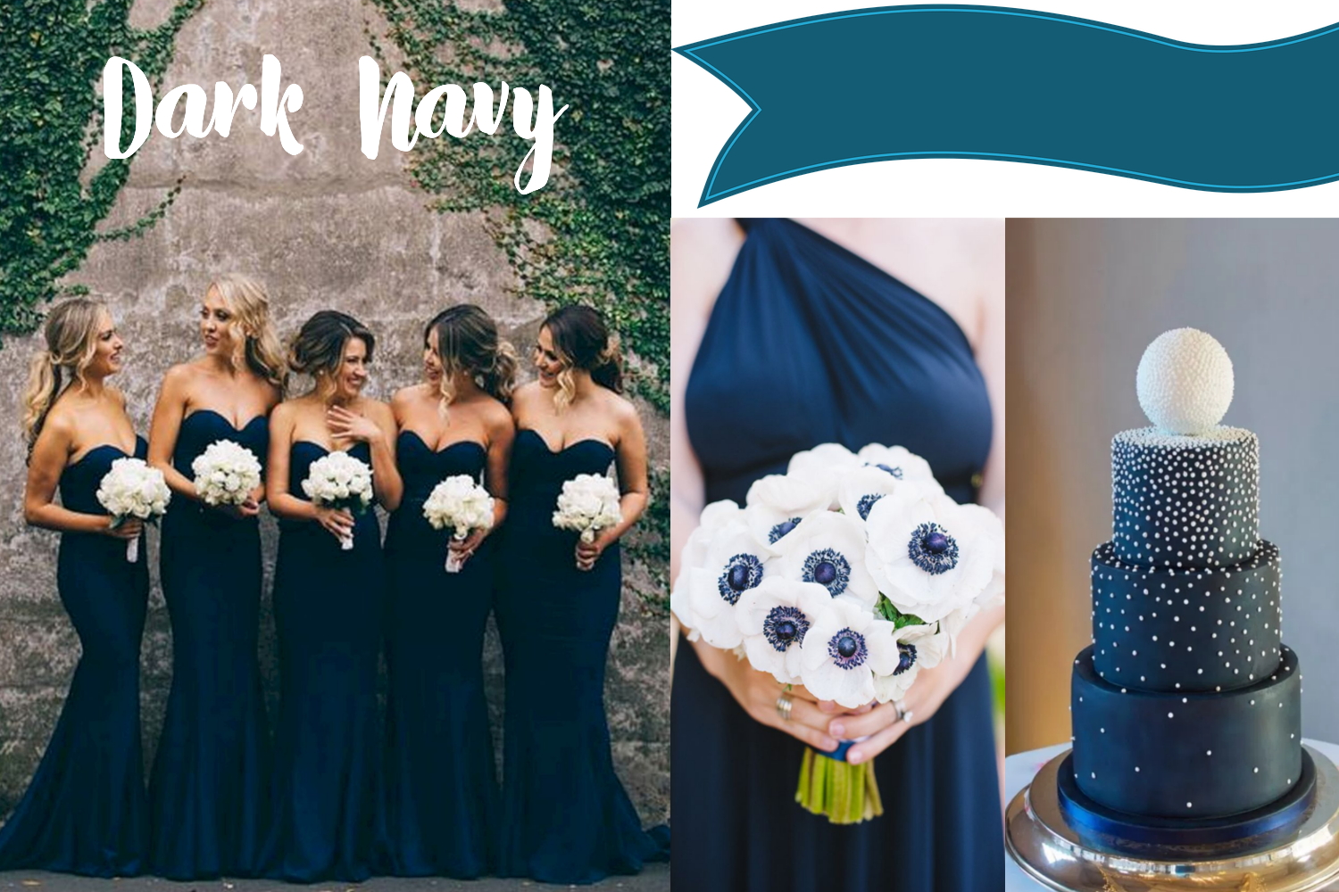wedding collage with dark navy bridesmaid dresses