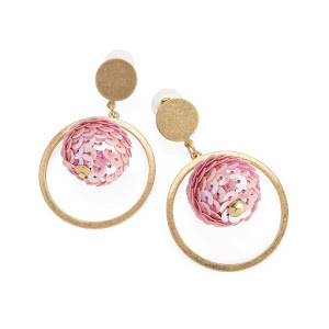 Gold Colour Pink Sequin Ball Drop Earrings
