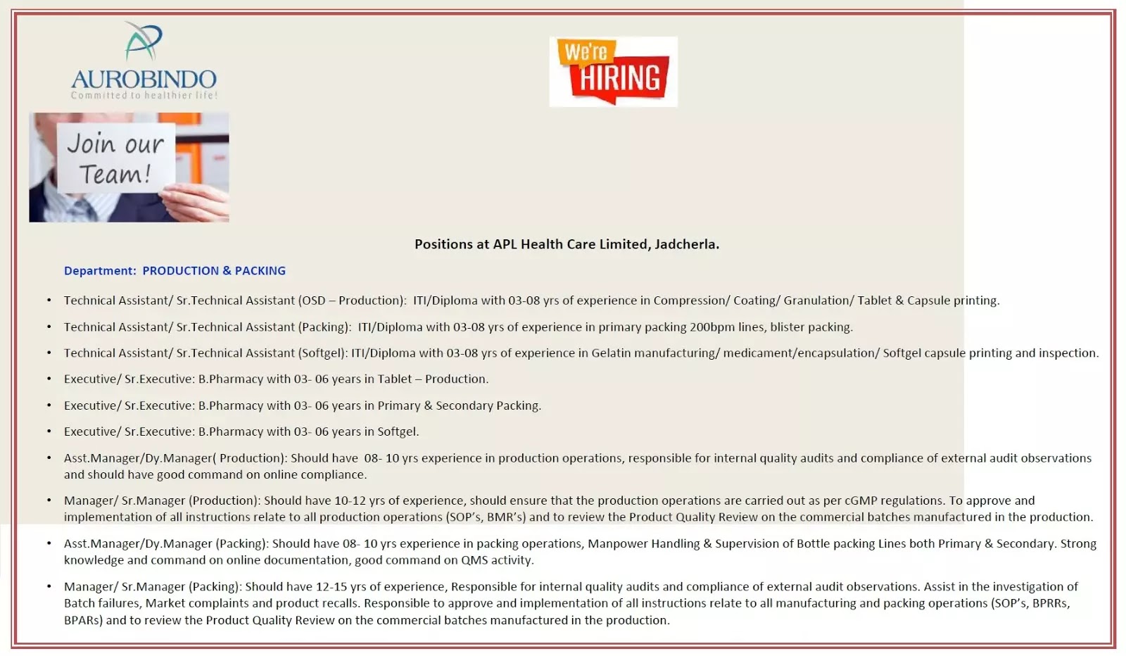 AUROBINDO PHARMA LTD - Multiple Vacancies in Production & Packing / Engineering / Warehouse - Apply Now